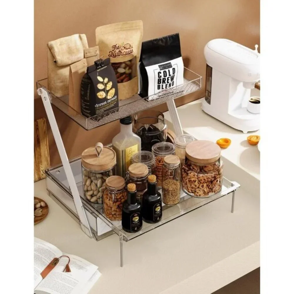 Z-Shaped 2-Tier Bathroom Organizer, Vanity Storage with Sliding Tray & Drawer